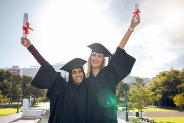 Poster - Graduation, celebration and portrait of women, friends and scholarship success. Happy students, graduate certificate and study goals with award, smile and motivation of education, winner and learning