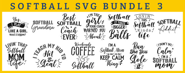 softball svg bundle: hand-drawn hand-lettering typography quotes and sayings with vector illustratio