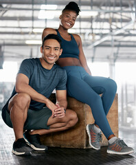 Poster - Fitness, portrait or personal trainer with a happy client at gym for training, exercise or body workout. Team partnership, Indian coach or black woman smiles with pride together in a health club