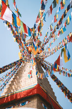 Swayambhunath Temple In Kathmandu, Nepal With Colofrul Flags