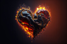 Fiery Heart Made Of Flames And Lava, Valentine's Day Ai Generative Illustration.