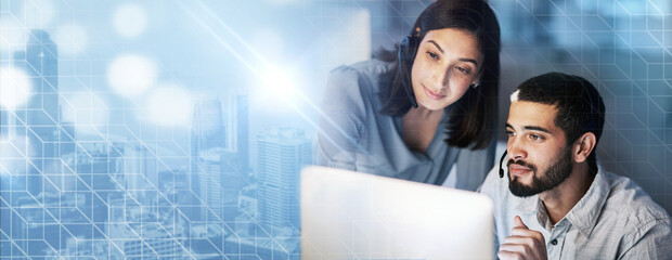 Poster - Team work, crm or manager with a consultant in a call center helping, talking or networking online. Overlay, woman or insurance agent in communication at customer services or sales technical support