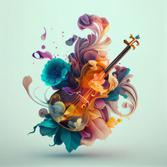 Fototapete - Beautiful abstract illustration creative violin with flowers and smoke.