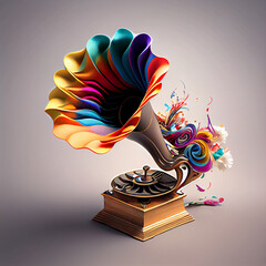 Poster - Beautiful abstract illustration creative Gramophone with flowers and smoke.
