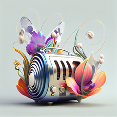 Poster - Beautiful abstract illustration creative Radio with Short Antenna with flowers and smoke.