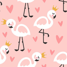 Kawaii Kids Pink Flamingo Baby Seamless Pattern Background For Children Fabric And Textile. Cute Animal Vector Design With Clouds, Dashed Scandinavian Hearts.