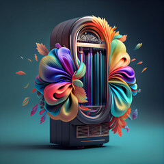 Wall Mural - Beautiful abstract illustration creative Jukebox with flowers and smoke. Generative AI technology 