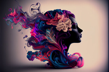 Poster - Beautiful abstract creative Women with flowers and smoke brain background