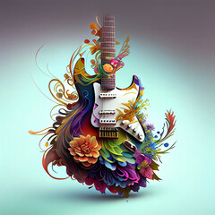 Poster - Beautiful abstract illustration creative Electric Guitar with flowers and smoke.