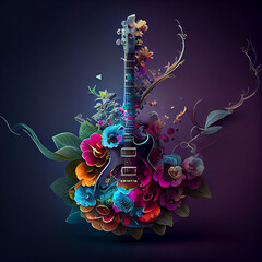 Beautiful abstract illustration creative Electric Guitar with flowers and smoke. Generative AI technology.