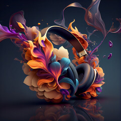 Poster - Beautiful abstract illustration creative DJ with Headphones with flowers and smoke.  Generative AI technology 