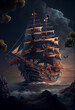 pirate ship on the ocean at night