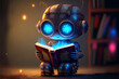 Cute robot child reading a book with a smile, cartoon style, android kid, anthropomorphic art created by ai, concept chat bot chatgpt