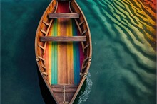  A Boat With A Rainbow Painted On It Floating In The Water With A Rainbow Colored Stripe On The Side Of The Boat And A Rainbow Colored Line On The Side Of The Boat.  Generative Ai
