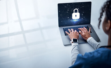 Aufkleber - Doctor, hands or laptop in futuristic healthcare, cybersecurity app or life insurance safety on or hospital database. Nurse, woman or medical technology hologram on lock software, trust or protection