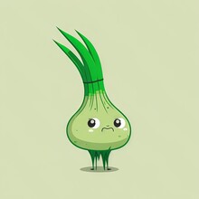  A Cartoon Onion With A Sad Face And Green Hair On It's Head, With A Frown On Its Face, With A Green Background.  Generative Ai