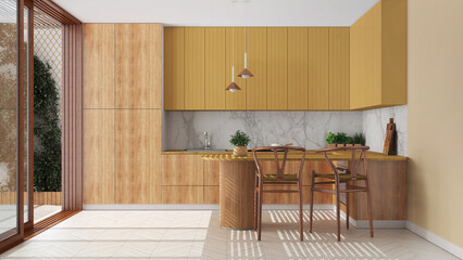 Poster - Scandinavian kitchen in yellow and wooden tones. Island with stools and decors, parquet floor. Japandi interior design