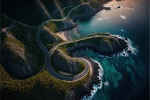  A Winding Road Near The Ocean With A Sunset In The Background And A Body Of Water In The Foreground With A Road Winding Into The Distance.  Generative Ai