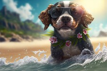  A Dog Wearing Sunglasses And A Flower Lei Is In The Water With A Beach Background And A Mountain Range In The Distance With A Sun.  Generative Ai
