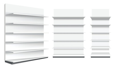 Store shelves. Wide supermarket showcase template. Set of white empty retail shelf rack. Mockup template ready for your design. Isolated on white background