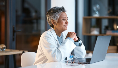 Poster - Doctor, laptop and senior woman in hospital working late or overtime on email, telehealth or research. Elderly, health and female medical physician reading healthcare information at night on computer