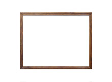 Classic Wooden Frame Isolated On White Background. Narrow Brown Template. Mockup For Photos Or Pictures. Front View. Real Photo.