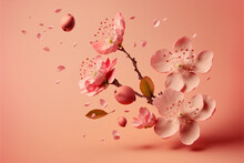 Fresh Pink Flowers Falling In The Air On Pink Background, Levitation, Spring Flowers Conception,  Generated Ai