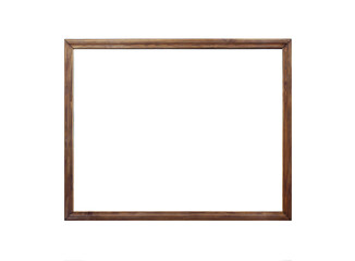 Classic wooden frame isolated on white background. Narrow brown template. Mockup for photos or pictures. Front view. Real photo.