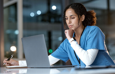 Aufkleber - Doctor, thinking and writing with laptop at night for healthcare solution, idea or planning at hospital. Woman medical nurse working late in focus for research with notebook and computer at clinic