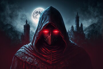 Landscape with red hooded wizard with red lights in his eyes, medieval castle in the background. Generative AI