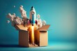 Illustration of rocket coming out of cardboard box, blue background. Generative AI