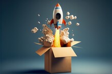 Illustration Of Rocket Coming Out Of Cardboard Box, Blue Background. Generative AI