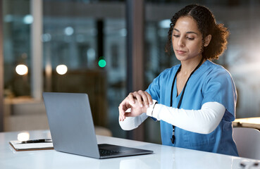 Poster - Laptop, watch and night with a black woman nurse working overtime on research in a hospital for healthcare. Computer, medical and time with a female medicine professional at work late in the evening