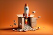 Illustration of rocket coming out of cardboard box, orange background. Generative AI