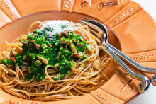 Spaghetti With Spinach Leaves, Bacon And Parmesan Cheese