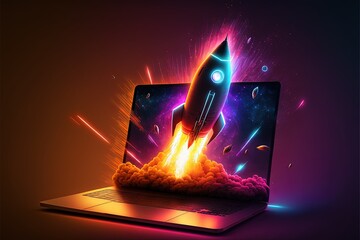 Rocket illustration popping out of laptop screen, startup concept, background with neon lights. Generative AI