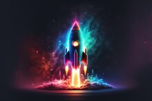 Illustration Of Rocket Taking Off, Startup Concept, Background With Neon Lights. Generative AI