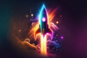 Illustration of rocket taking off, startup concept, background with neon lights. Generative AI