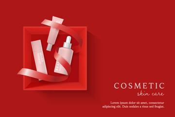 Cosmetics and skin care product ads template on red background with gift box and ribbon.