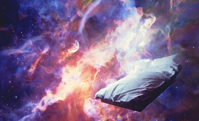 Wall Mural - Sleeping and dreaming fantasy dreams. Bed immersed in universe