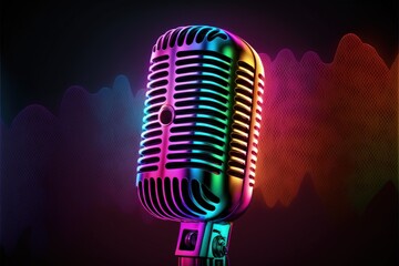 Studio microphone illustration for podcast, background with neon lights. Generative AI