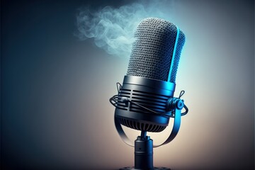 Studio microphone illustration for podcast, colorful gradient background, with fog. Generative AI