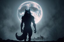 Werewolf Illustration At Night, With Full Moon In The Background. Generative AI