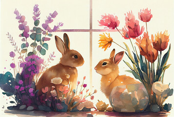 Watercolor painting of rabbits as illustration of two Easter bunnies hiding in garden flowers near house window generative AI art