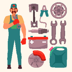 Car Service Mechanic Character Tool Equipment Objects with Wrench, gasoline jerrycan, tire wheels, spark plug, piston, battery and disk brake