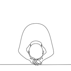 Poster - man in a low bow on his knees - one line drawing vector. concept bow to the ground, prayer, cry