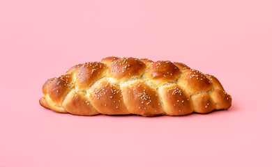 Canvas Print - Braided bread isolated on a pink background. Homemade challah bread