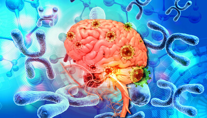 Wall Mural - Human brain and virus with chromosome. 3d illustration