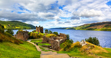Ruins Of Urquhart Castle Along Loch Ness, Scotland
