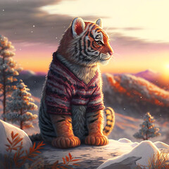 Poster - The little tiger in warm clothes is watching the sunrise on the snowy mountain